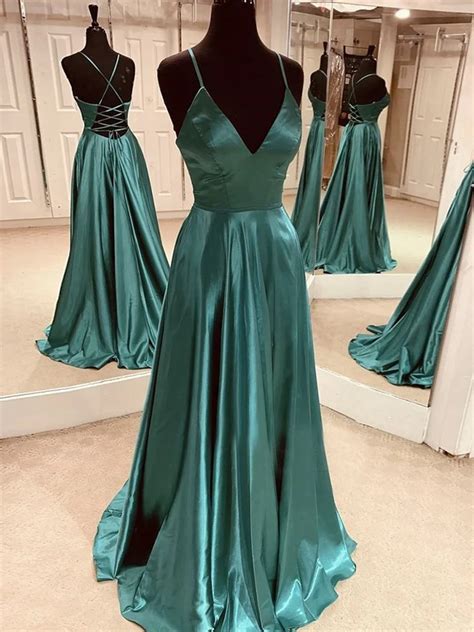 A Line V Neck Emerald Green Backless Satin Long Prom Dresses, Emerald Green Open Back Formal ...