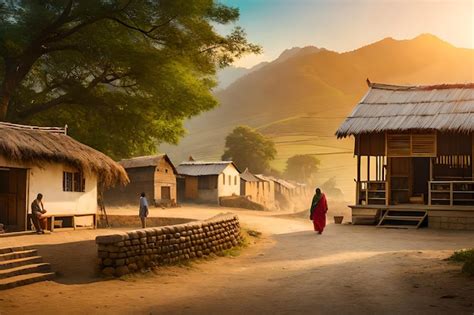 Premium Photo | A village in the mountains with a woman walking in front of it