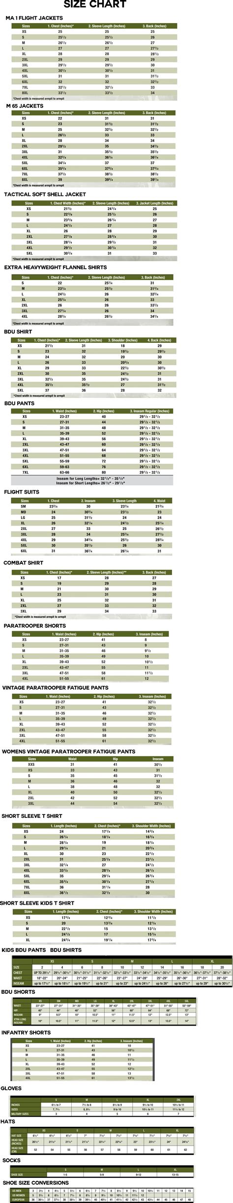 BDU Size Chart - Frank Bee Enterprises SchoolUniforms.com