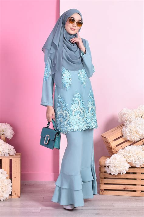 Baju Kurung Lace Dominique – Aqua Green – MuslimahClothing.Com