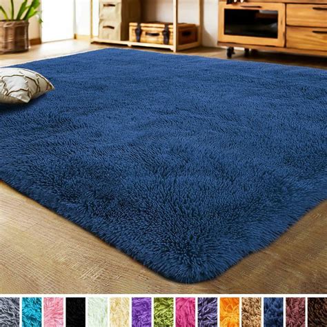 Navy Blue Faux Fur Rug Area Shaggy 5.3 x 7.5 Home Decor Push Carpet Luxurious - Area Rugs