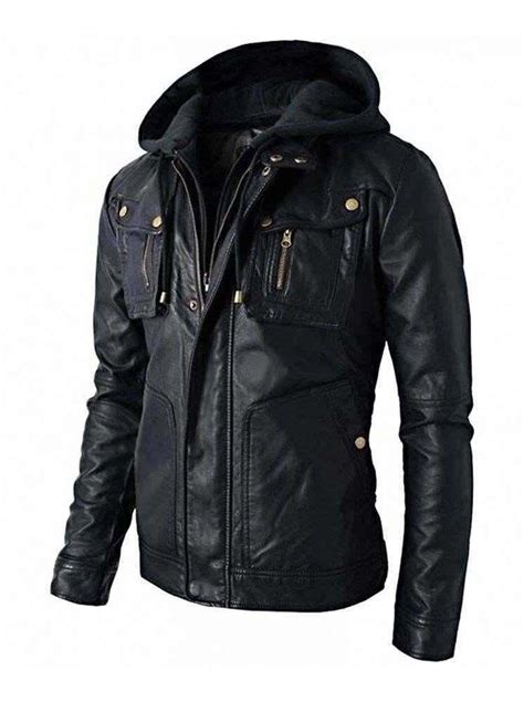 Men's Brando Style Biker Real Leather Hoodie Jacket - Detach Hood ...