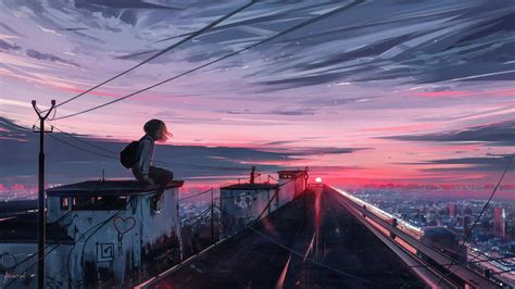 Download Girl On Roof Anime Aesthetic Sunset Wallpaper | Wallpapers.com