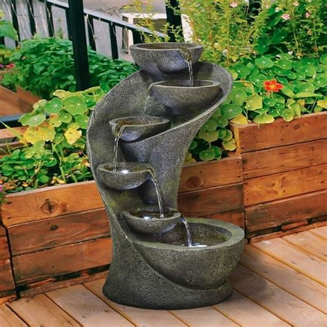 23 1/2" H Outdoor Water Fountain with LED Light, Modern Curved Indoor Outdoor Waterfall Fountain ...