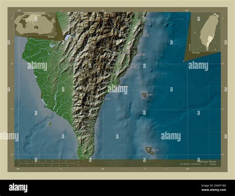 Taitung, county of Taiwan. Elevation map colored in wiki style with ...