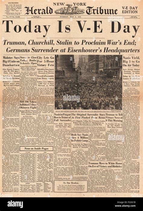 1945 New York Herald Tribune front page reporting VE Day Stock Photo - Alamy