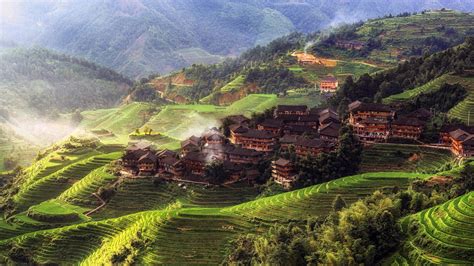 China, Mountain, House, Trees, Town, Village, Tian Tou Village ...