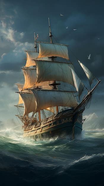 Premium AI Image | A painting of a pirate ship during a storm