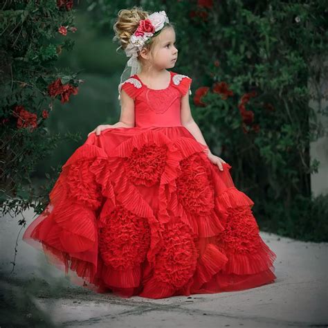 2017 New Puffy Hot Flower Girl Dress for Weddings Red Tulle Ball Gown ...