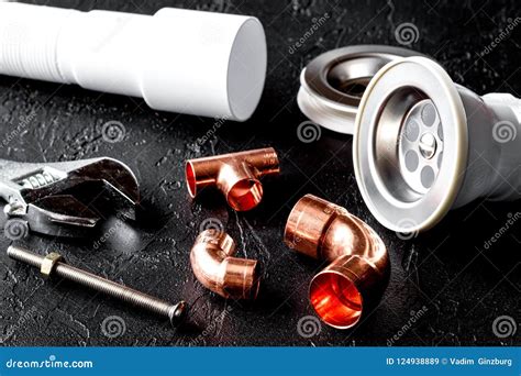 Concept Plumbing Tools on Dark Background Stock Image - Image of supply, connecting: 124938889