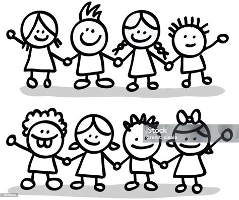 Lineart Happy Children Friends Group Holding Hands Cartoon Illustration Stock Illustration ...