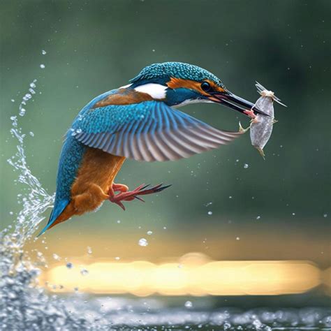 Common European Kingfisher river kingfisher flying after emerging from water with caught fish ...