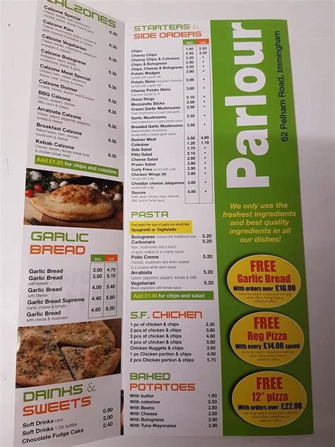 Menu at Pizza Parlour fast food, Immingham, 62 Pelham Rd