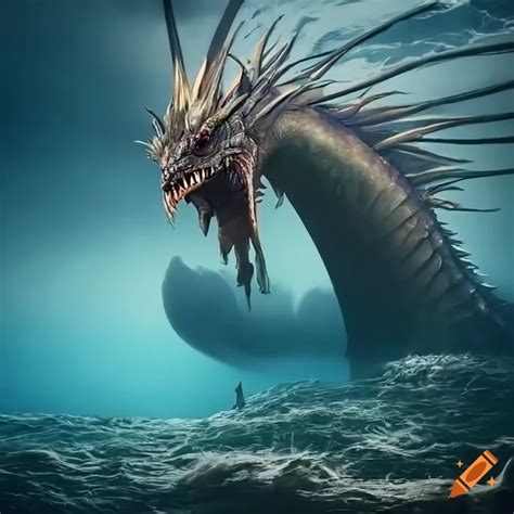 Hyperrealistic portrayal of a sea dragon emerging from the water on Craiyon