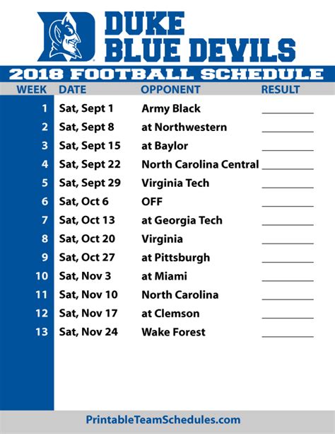 Image result for duke football printable schedule for 2018-19 | Duke ...