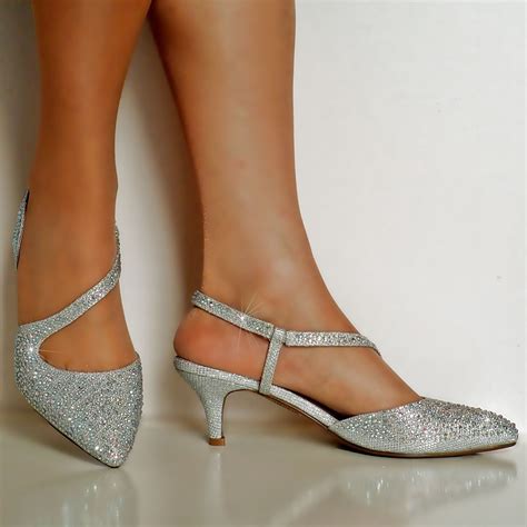 NEW DIAMANTE SILVER GOLD LOW KITTEN HEEL PROM EVENING BRIDAL SHOES ...