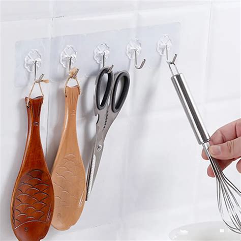 6Pcs Adhesive Hooks Kitchen Wall Hanger Transparent Removable Adhesive ...