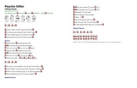 Psycho Killer (Talking Heads) - http://myuke.ca Ukulele Chords Songs, Ukulele Music, Guitar ...