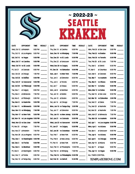 Printable 2022-2023 Seattle Kraken Schedule