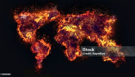 World Map On Fire Representing Climate Change War Or Other Global ...