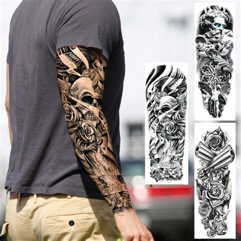 Extra-Large-Skull-Temporary-Tattoos-Sleeves-For-Men-Women-Rose-Eagle ...