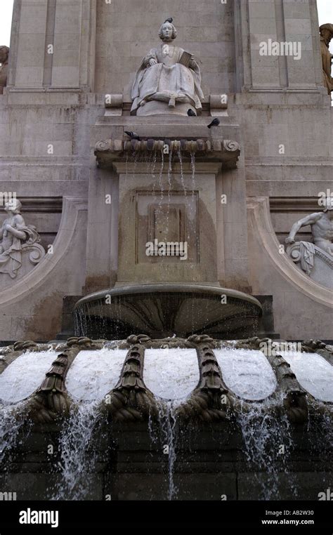 Fountain at Don Quixote statue Plaza de Espana Madrid Spain Stock Photo ...