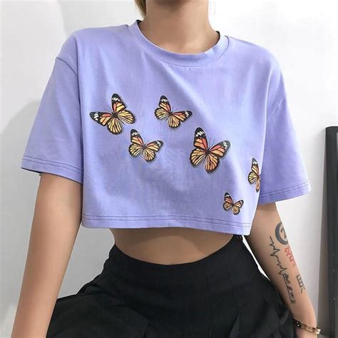 Korean Women Casual Butterfly Printed Tshirt Fashion Cute Crop Top Ladies Loose Cotton Tees ...