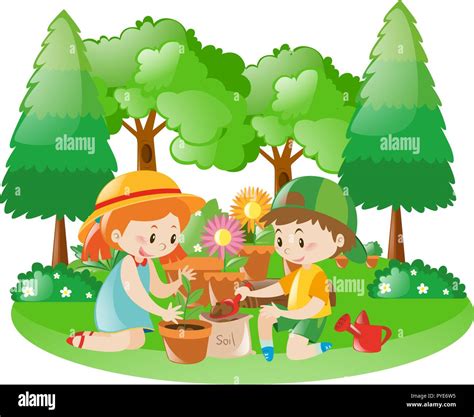 Two kids planting tree in garden illustration Stock Vector Image & Art - Alamy