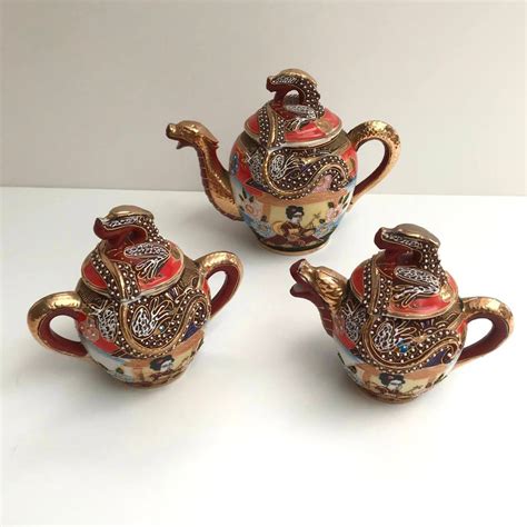 Antique Satsuma Tea Set Japanese Sugar Bowl, Teapot 24K Gold Tea Set Nippon Finest Porcelain ...