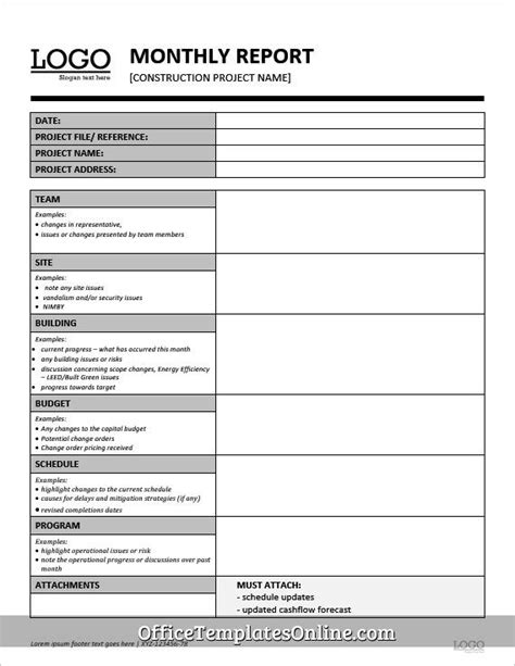 One-page Monthly Construction Report Template for MS Word | Report ...