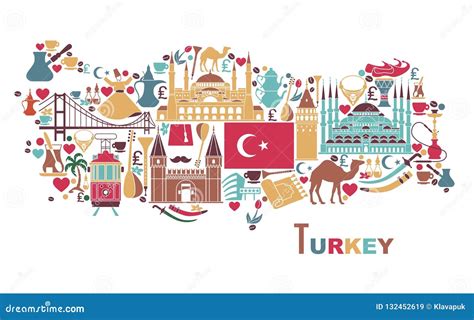 Traditional Tourist Symbols of Turkey in the Form of Map Stock Vector ...