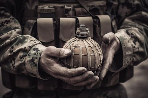 Premium Photo | Grenade in hands of military in bulletproof vest war concept