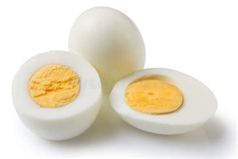 Boiled Peeled Eggs On A White Background, One Whole Egg Two Eggs Are Cut In Half, The Yolk Is ...