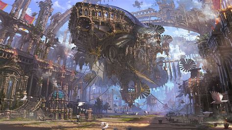 HD wallpaper: city, airships, ruin, futuristic, fantasy art, steampunk airship | Wallpaper Flare