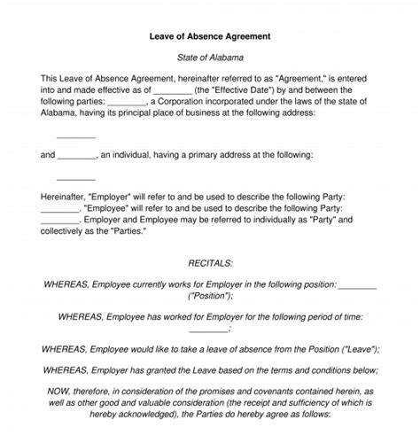 Leave of Absence Agreement - Template - Word & PDF