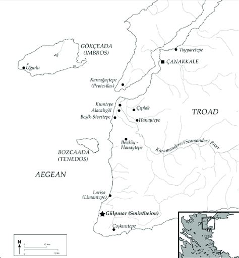 Map showing Gülpınar (Çanakkale / TR) and other main settlements with... | Download Scientific ...