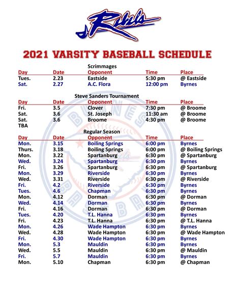 Baseball Varsity Schedule – James F Byrnes Athletics