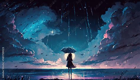 an epic illustration of a lonely anime girl with an umbrella, standing alone in the night ...