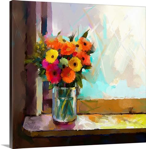 Oil painting of a flowers in a glass vase on a window sill Wall Art, Canvas Prints, Framed ...