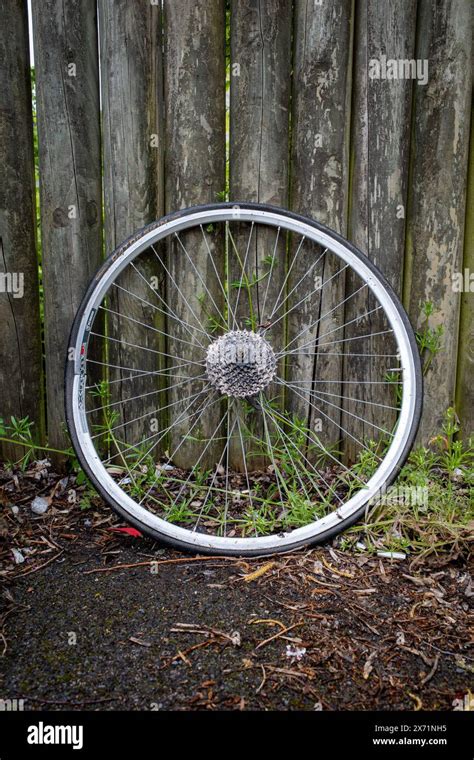 Abandoned broken bicycle wheel Stock Photo - Alamy