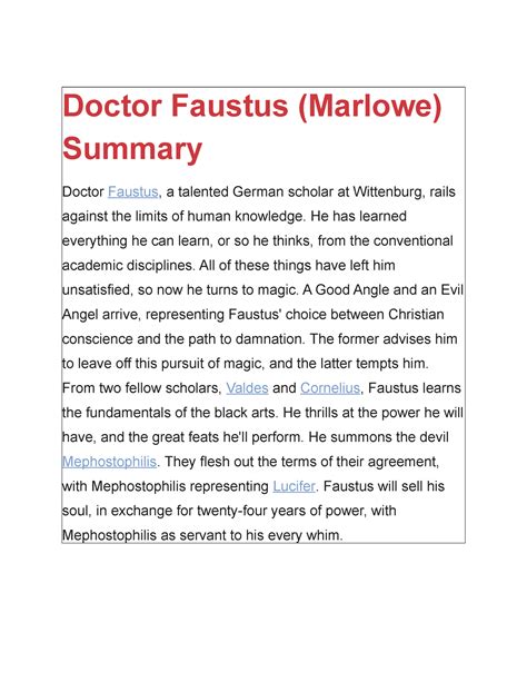 Summary Dr. Faustus 4 - Doctor Faustus (Marlowe) Summary Doctor Faustus ...