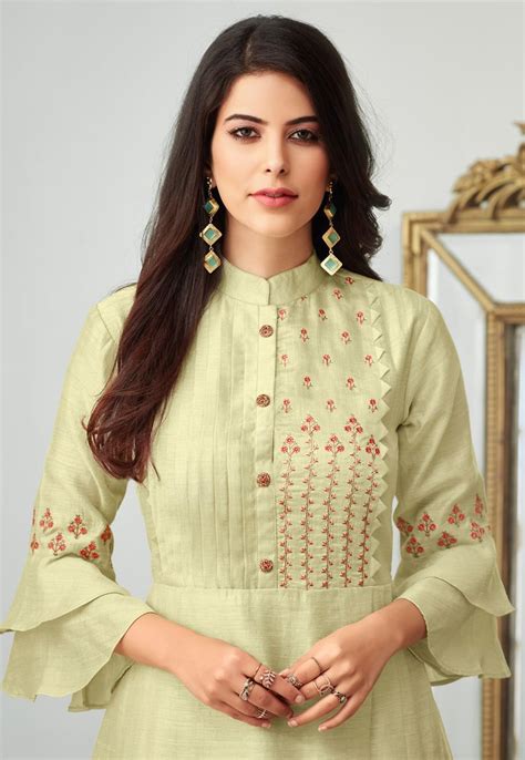 Pista Green Cotton Readymade Kurti 177242 | Embroidered kurti, Embroidery suits design, Designer ...