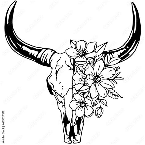 Texas longhorn black and white vector illustration. Longhorn skull with flowers, clipart ...