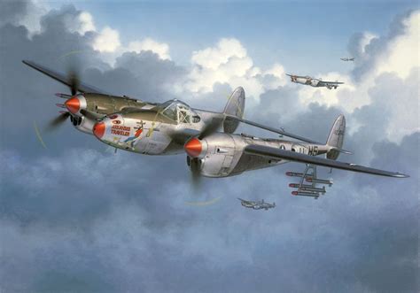 Painting of Lockheed P-38 Lightning Twin-engine fighter aircraft on combat patrol. Aircraft ...