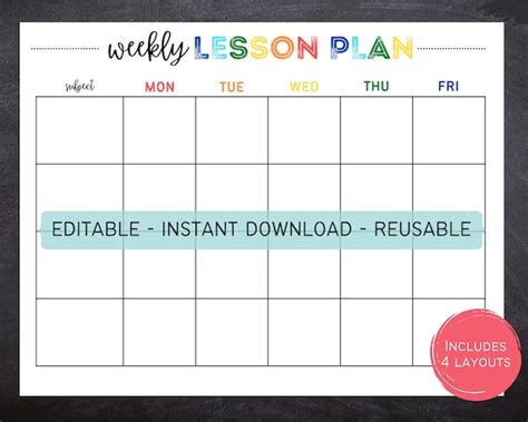 Printable Editable Weekly Lesson Plan Simple School Schedule - Etsy