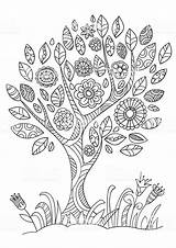 Coloring book Page With Flowering tree In Doodle Style Hand Drawn  sketch template