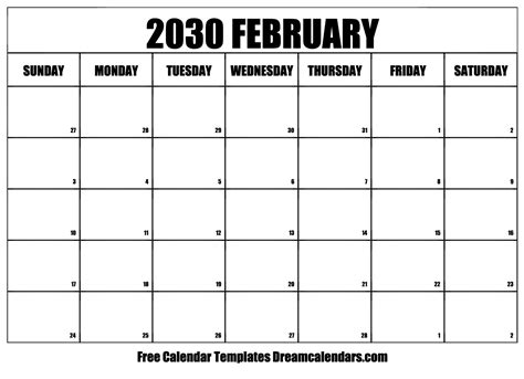 February 2030 Calendar - Free Printable with Holidays and Observances