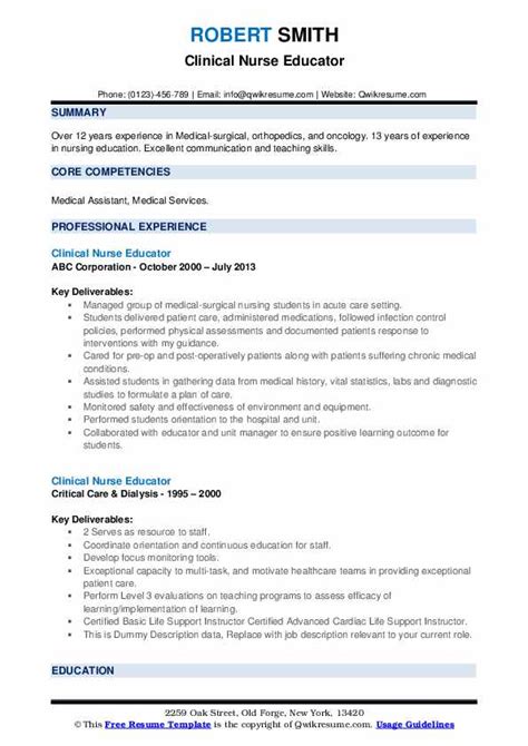 Clinical Nurse Educator Resume Samples | QwikResume