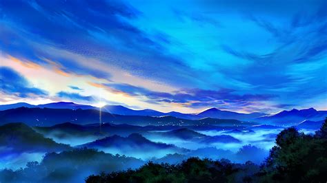 Anime, Mountain, Landscape, Sunrise, Scenery, 4K, #96 Wallpaper PC Desktop