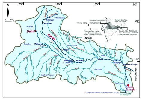 Major tributaries of the Ganges River (Ganga) with its basin boundary ...
